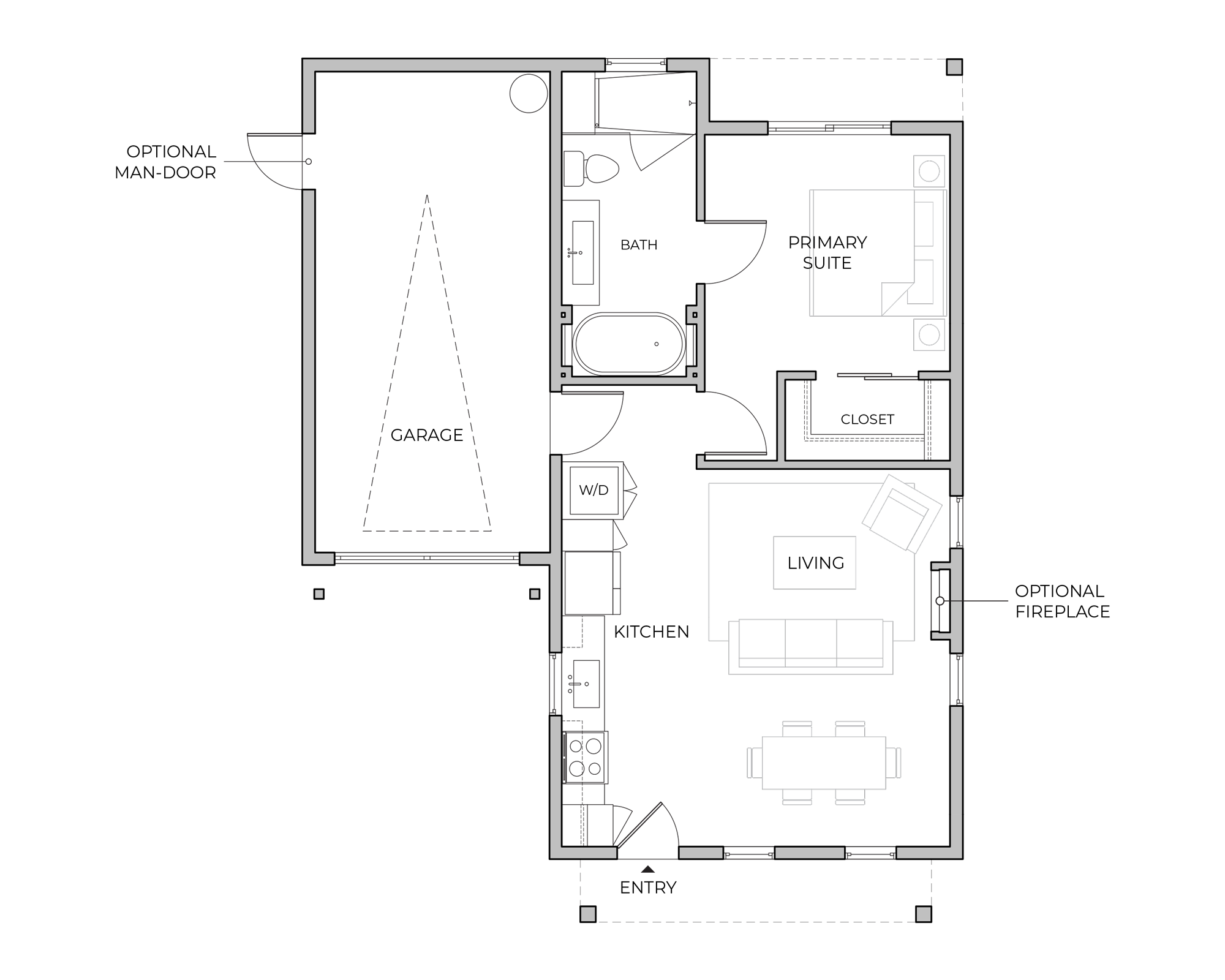 Floor plan of the Monet single-level home with one bedroom, one bath, open kitchen and great room, primary suite with walk-in closet, and a spa-inspired bath. Attached one-car garage includes optional side-yard door. Fireplace option available in the living room.