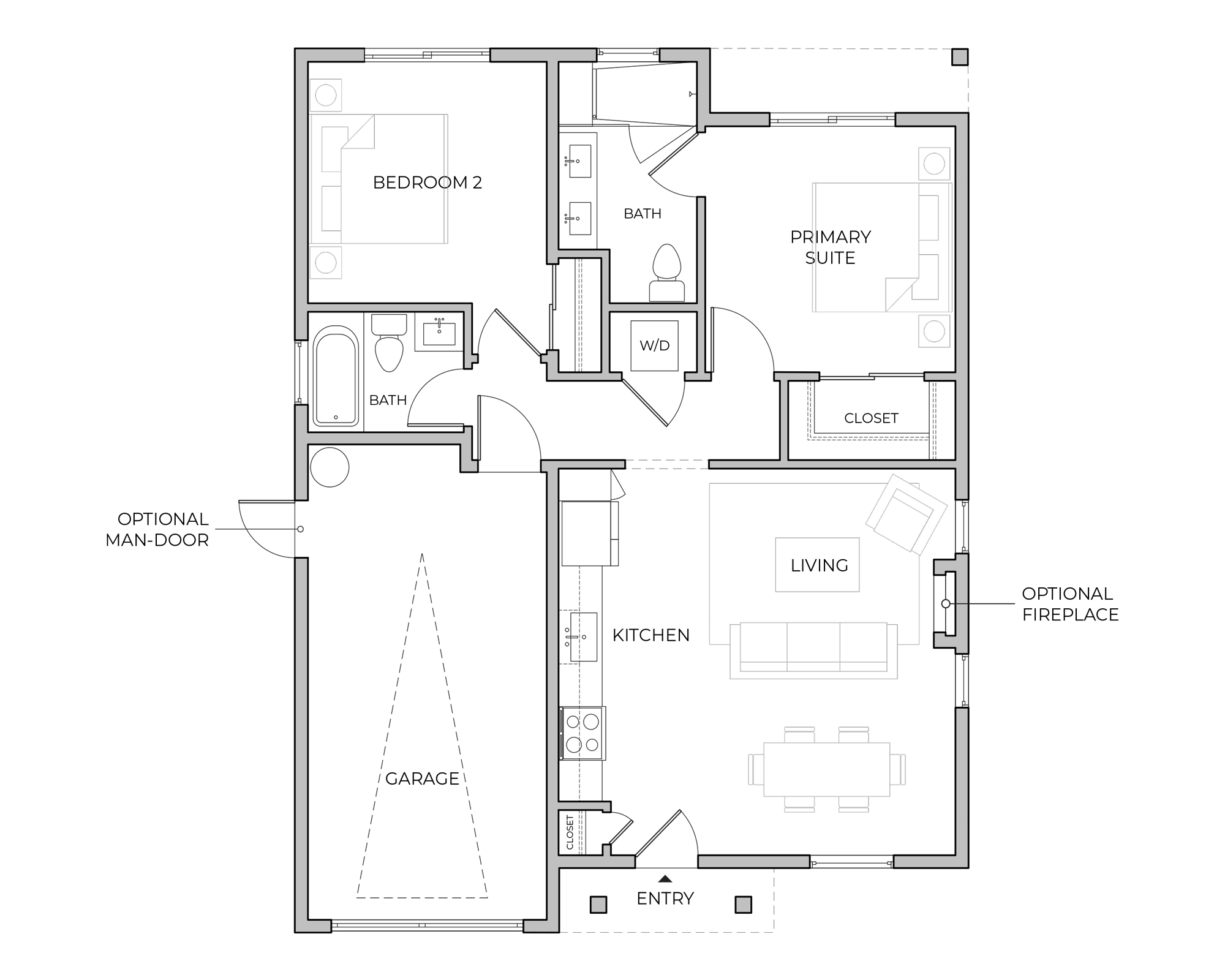 Floor plan of the Monet single-level home with two bedrooms, two bathrooms, open kitchen and great room, a private primary suite with walk-in closet, and an attached one-car garage. Includes optional fireplace and optional side-yard door in the garage.