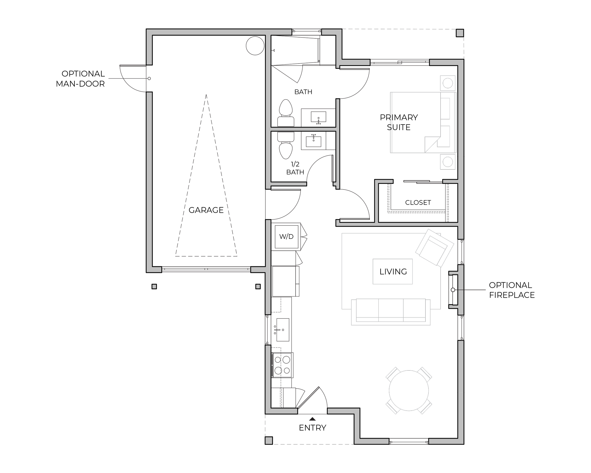 Floor plan of the Monet single-level home with a flexible alcove near the entry, ideal for dining or a sitting area. Includes one and a half baths, open-concept kitchen and living space, private primary suite, and an attached one-car garage. Optional fireplace and garage side-door available.