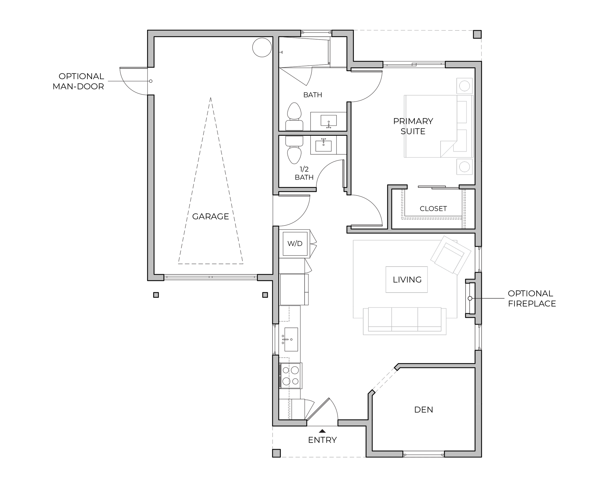 Floor plan of the Monet single-level home featuring a spacious den in place of a second bedroom. Includes one and a half baths, an open kitchen and living area, a private primary suite, and an attached one-car garage. Optional fireplace and garage side-door available.