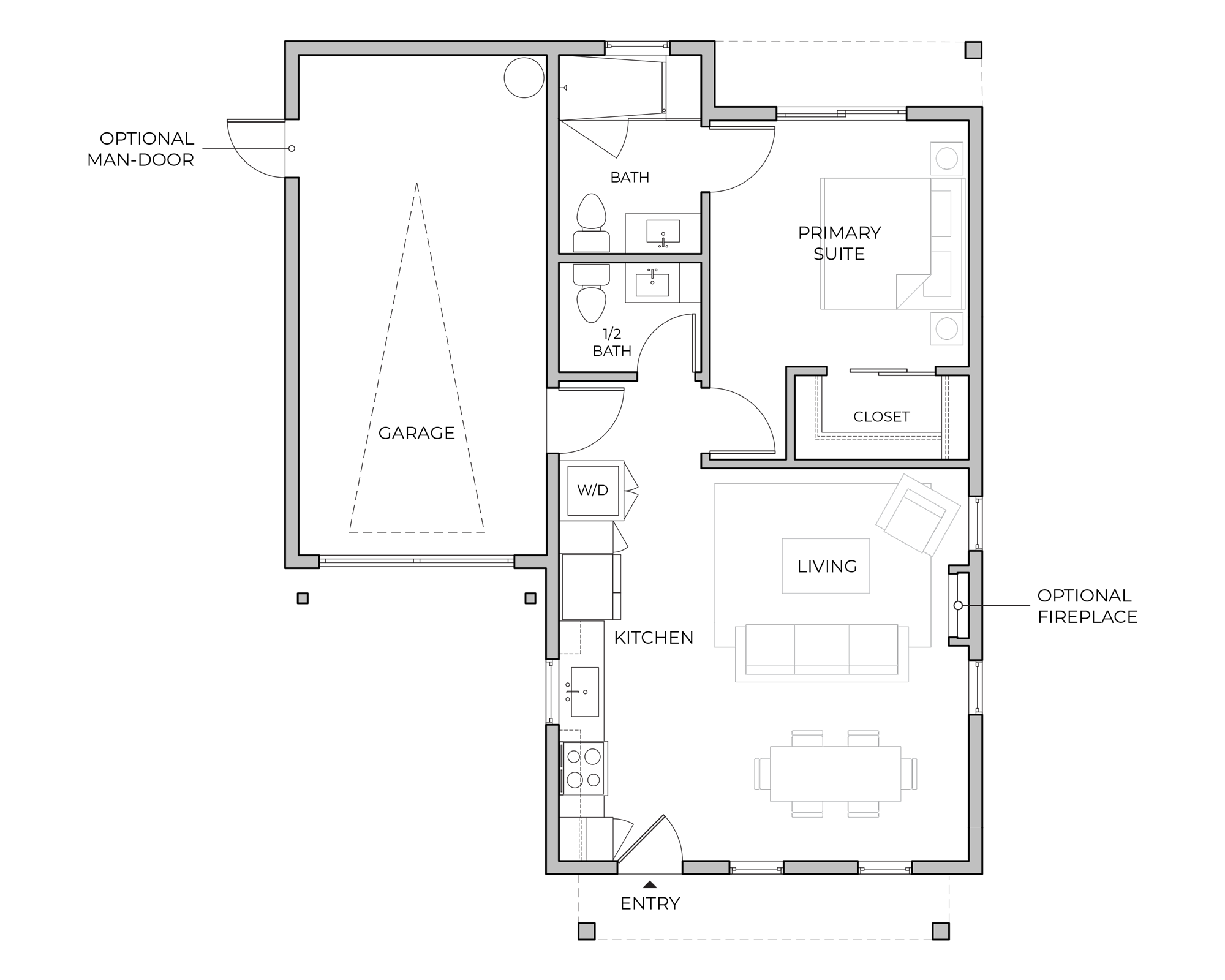 Floor plan of the Monet single-level home with one bedroom, one and a half baths, open-concept living and kitchen, private primary suite, and attached one-car garage. Optional fireplace and garage side-door available.